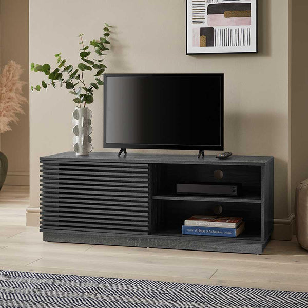One Door TV Unit Television Stand Entertainment Cabinet Slatted Design Grey Oak Effect - HouseandHomestyle