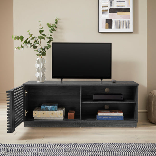 One Door TV Unit Television Stand Entertainment Cabinet Slatted Design Grey Oak Effect - HouseandHomestyle